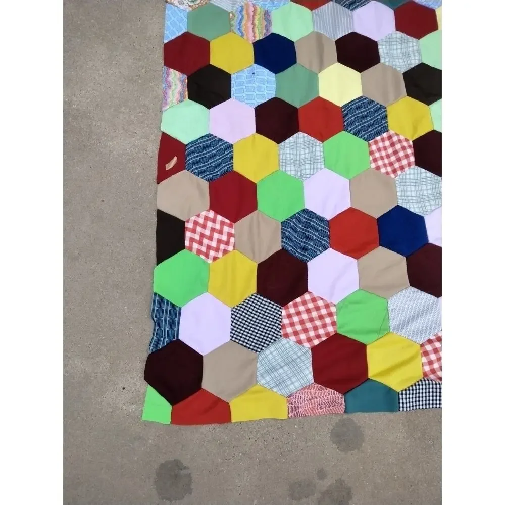 Vintage Grandmother’s Flower Garden Quilt Top Hexagon Hand Pieced 69 X 86